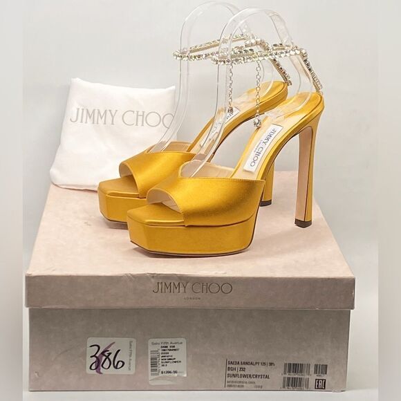 Jimmy Choo Saeda Satin Crystal Ankle-Strap Platform Sandals size 38.5 - Picture 12 of 14